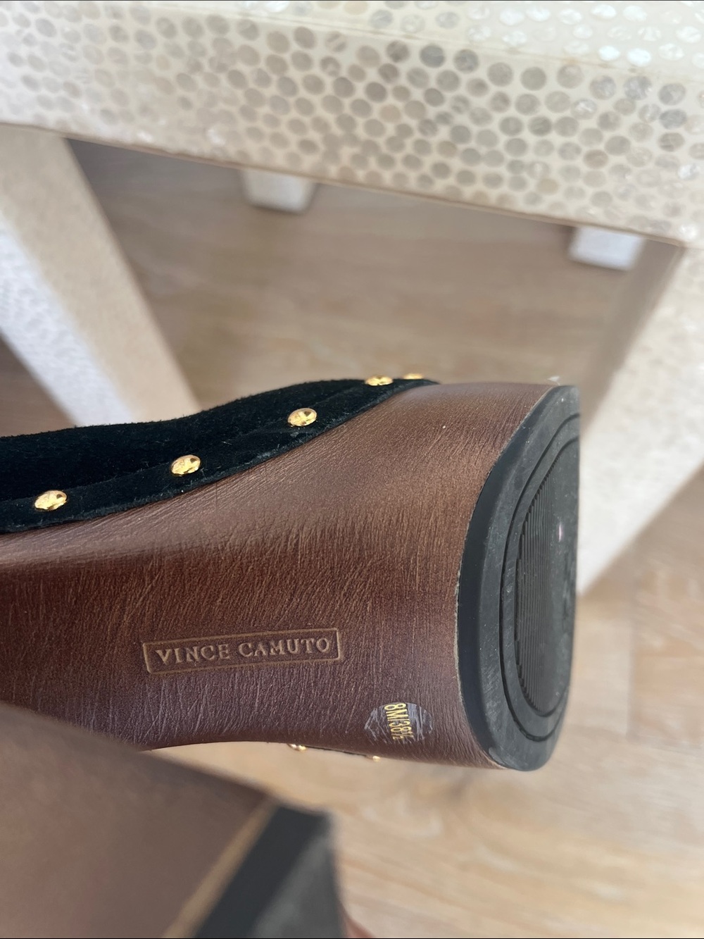 Vince Camuto Black Suede Platform Clogs with Gold Studs - Picture 4 of 5